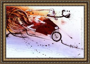 A Bay Hunter with Two Spaniels Framed Paintings - Hunter on Ducati by Ralph Steadman Art