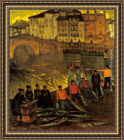 Sydney Harbour Framed Paintings - Fisherfolk In A Harbour Town by Ramon De Zubiaurre