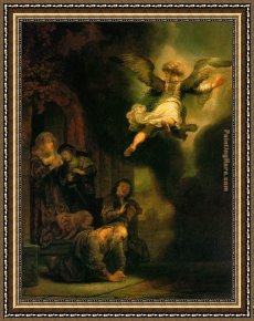 The Departure of Tobias Framed Paintings - The Archangel Leaving the Family of Tobias by Rembrandt