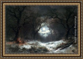 Early Winter in The Sierra Nevada Framed Paintings - A Moonlit Winter Landscape by Remigius Adriannus van Haanen