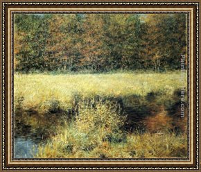 An Autumn Landscape with Cows Near a Stream Framed Paintings - Autumn Landscape by Robert Reid