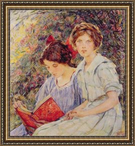 Reading a Book Framed Paintings - Two Girls Reading by Robert Reid