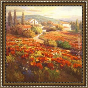 Jaune Poppy Framed Paintings - Red Poppy Hill by Roberto Lombardi