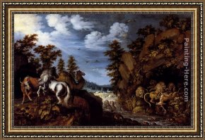 The Camel's Hump Framed Paintings - A Rocky Landscape With A Stallion, Bull And Camel Overlooking A Lion's Den by Roelandt Jacobsz Savery