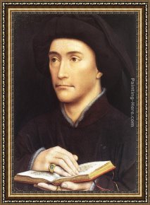 Her Favorite Book Framed Paintings - Portrait of a Man holding a book by Rogier van der Weyden