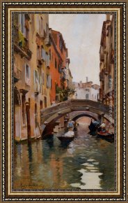 A Venetian Balcony Framed Paintings - Gondola On a Venetian Canal by Rubens Santoro