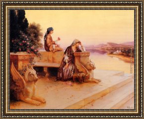 Arabs Crossing The Desert Framed Paintings - Elegant Arab Ladies on a Terrace at Sunset by Rudolf Ernst