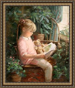 Reading a Book Framed Paintings - Reading with 'Oatmeal' by Sally Swatland