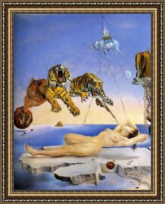 Street of Dreams Framed Paintings - Dream Caused by the Flight of a Bee around a Pomegranate by Salvador Dali