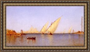 East Boothbay Harbor Framed Paintings - Fishing Boats Coming into Brindisi Harbor by Sanford Robinson Gifford