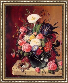 Floral Still Life in a Blue And White Porcelain Vase Framed Paintings - Floral Still Life by Severin Roesen