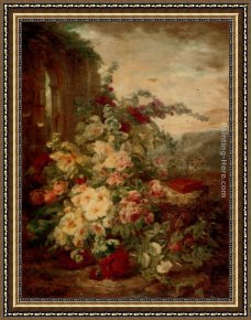 Her Favorite Book Framed Paintings - A Book on a Plinth by a Rose Bush at the Ruins by Simon Saint-Jean