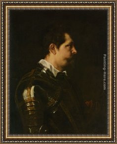 Sir Antony Van Dyck Framed Paintings - Portrait of a Military Commander bust length in Profile in Damascened armour with white collar and red sash by Sir Antony van Dyck