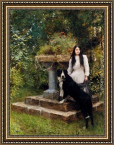 Young Girl Reading Framed Paintings - A Young Girl And Her Dog by Sir Hubert von Herkomer