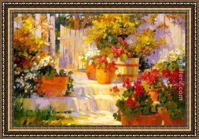 Palette Knife Framed Paintings - Patio Pots by Songer Steve