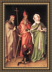 Hubert Framed Paintings - Saints Catherine, Hubert and Quirinus with a Donor by Stefan Lochner