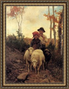 Stefano Novo Framed Paintings - Children With Sheep On A Path by Stefano Bruzzi