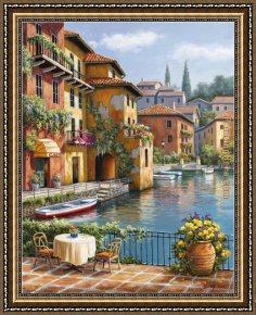 Sunny Afternoon on The Canal Framed Paintings - Cafe at the Canal by Sung Kim