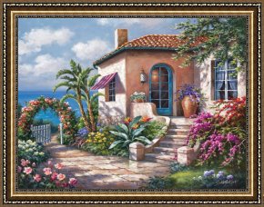 Cottage,rainbow,mill Framed Paintings - Coastal Cottage View by Sung Kim