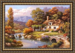 Cottage,rainbow,mill Framed Paintings - Cottage Stream by Sung Kim