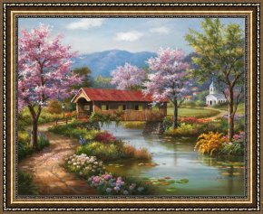 Spring Framed Paintings - Covered Bridge in Spring by Sung Kim