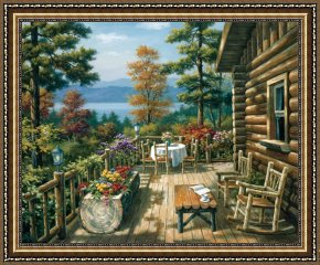Sung Kim Framed Paintings - Log Cabin Porch by Sung Kim