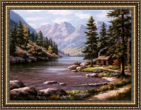 A Peaceful Retreat Framed Paintings - Log Cabin Retreat by Sung Kim