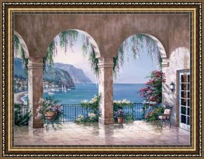 A Mediterranean Courtyard Framed Paintings - Mediterranean Arch by Sung Kim