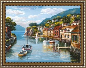 A Water Mill [detail #1] Framed Paintings - Village on the Water by Sung Kim