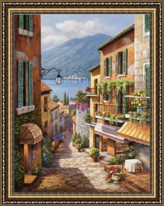 Village in The Snow Framed Paintings - Village Steps by Sung Kim