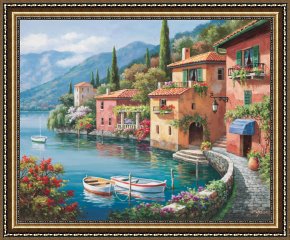 Sung Kim Framed Paintings - Villagio dal Lago by Sung Kim