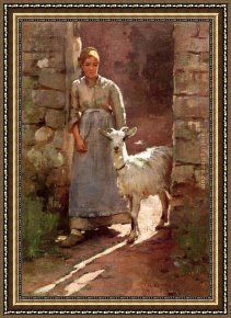 Goats, Framed Paintings - Girl with Goat by Theodore Robinson