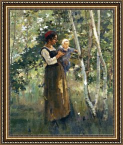 An Algerian Mother And Child Framed Paintings - Mother and Child by the Hearth by Theodore Robinson