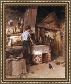 Blacksmith at His Forge Framed Paintings - The Apprentice Blacksmith by Theodore Robinson