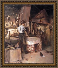 Blacksmith at His Forge Framed Paintings - The Forge by Theodore Robinson