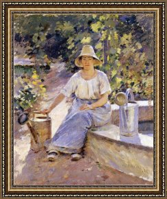 Calves Watering Framed Paintings - Watering Pots by Theodore Robinson