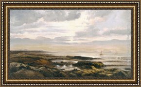 Boat Framed Paintings - Seascape with a boat on the horizon by Theodore Rousseau