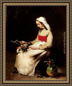Waterhouse Gather Flower Girls Framed Paintings - A Girl Arranging A Vase Of Flowers by Theodule Augustine Ribot