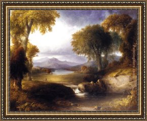 An Autumn Landscape with Cows Near a Stream Framed Paintings - Autumn Landscape by Thomas Doughty
