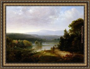Song of The Dog Framed Paintings - River View with Hunters and Dogs by Thomas Doughty