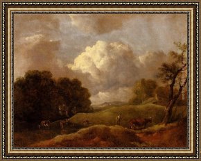 Cattle in a Pasture Framed Paintings - An Extensive Landscape With Cattle And A Drover by Thomas Gainsborough