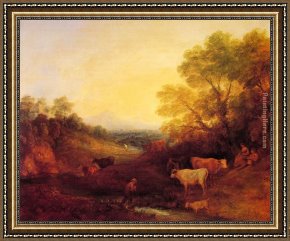 Cattle in a Pasture Framed Paintings - Landscape with Cattle by Thomas Gainsborough