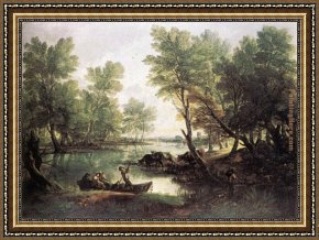 Three Pointers in a Landscape Framed Paintings - River Landscape by Thomas Gainsborough