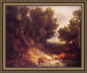 Cattle Watering at Dusk Framed Paintings - The Watering Place by Thomas Gainsborough