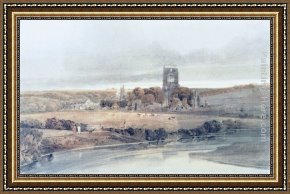 Abbey Framed Paintings - Kirkstall Abbey, Yorkshire, from the Bridge; Morning by Thomas Girtin