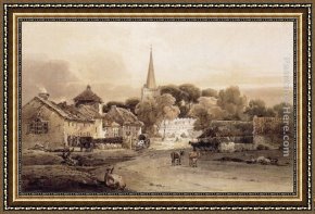 Village Street And Stairs with Figures Framed Paintings - Village Street and Church Spire by Thomas Girtin