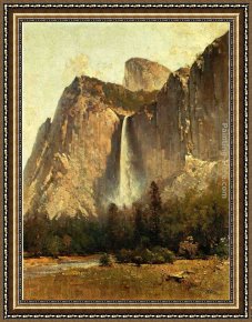Yosemite Valley Yellowstone Park Framed Paintings - Bridal Veil Falls - Yosemite Valley by Thomas Hill