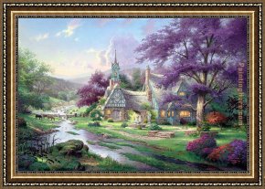 Cottage,rainbow,mill Framed Paintings - Clocktower cottage by Thomas Kinkade