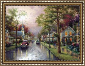 Early Sunday Morning Framed Paintings - HOMETOWN MORNING by Thomas Kinkade