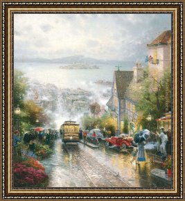 Street Framed Paintings - HYDE STREET AND THE BAY SAN FRANCISCO by Thomas Kinkade